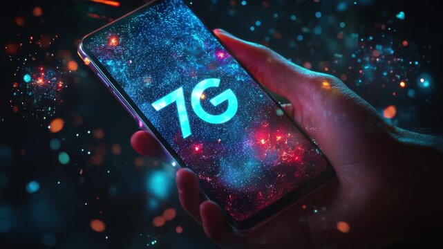 Smartphone in hand with 7G network concept and futuristic neon bokeh background