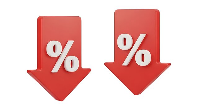 Percentage down arrow red icon sale discount promotion price drop interest rate reduction symbol graphic render on transparent background