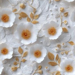 Intricate white flowers with gold leaves create a sophisticated and seamless background ideal for various design uses SEAMLESS PATTERN