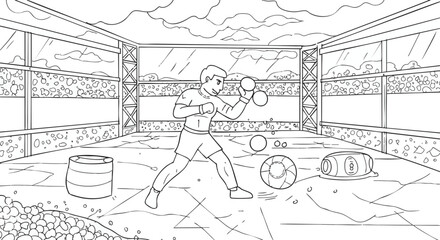 Boxer Training in the Ring A Black and White Illustration