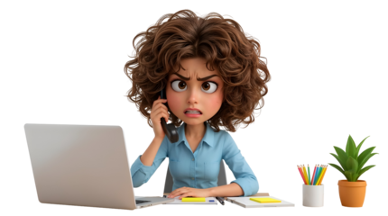 Frustrated cartoon woman with curly hair on the phone at a desk with a laptop and papers transparent background isolated on a transparent background