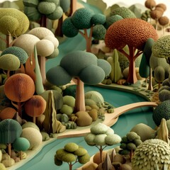 Pastel River Scene with Cut Paper Trees and Lush Greenery in a Serene Setting