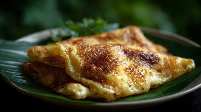 Golden brown crispy Thai Khanom Buang dessert folded and presented on a fresh green banana leaf