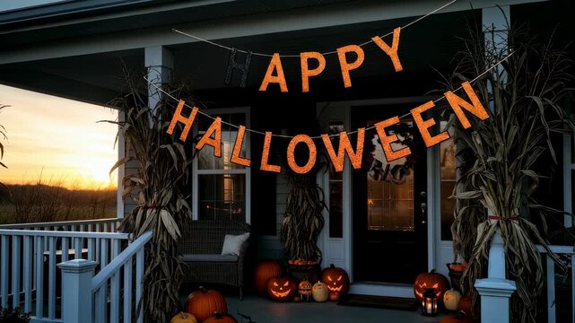 Halloween haunted house porch with carved pumpki and "Happy Halloween" banner at sunset to night, holiday footage.
