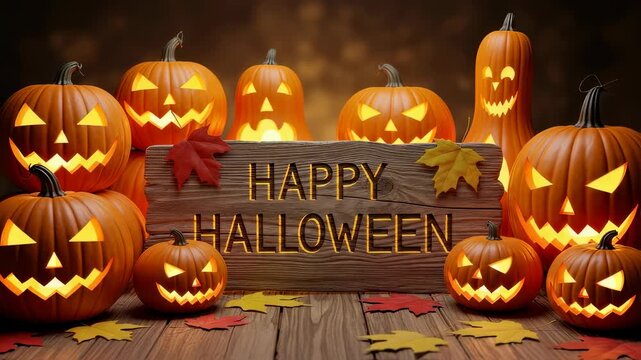 Happy Halloween sign on wooden board with glowing carved jack o lantern pumpkins and autumn leaves, autumn holiday animation.