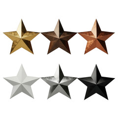Obraz premium Six metallic stars gold silver bronze copper gray dark shiny realistic renderings isolated on transparent background