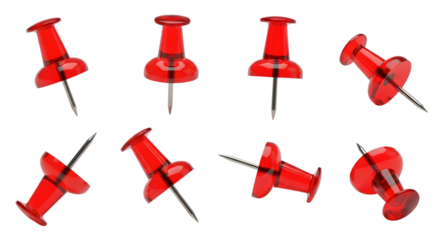 Collection of eight red push pins scattered at different angles, isolated on transparent background