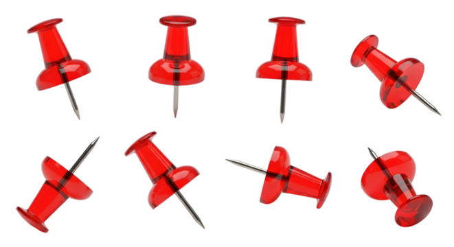 Collection of eight red push pins scattered at different angles, isolated on transparent background