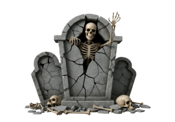 A skeletal figure emerges from a cracked tombstone, a macabre scene against a stark black background.
