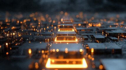 Advanced central processor on a circuit board sending signals and processing data for artificial intelligence. Futuristic technology with glowing orange components and a digital network connection - Powered by Adobe