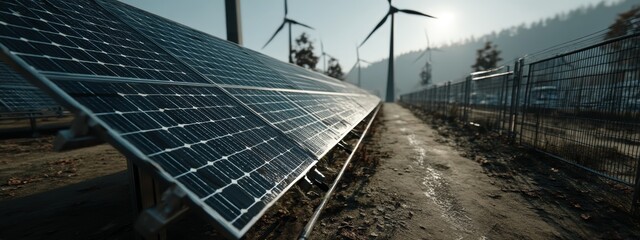 Solar Panels Beside Wind Turbines in Renewable Energy Field During Sunrise