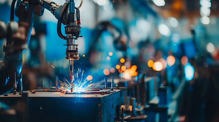 Industrial robotic arm performing precision welding with sparks in a manufacturing facility