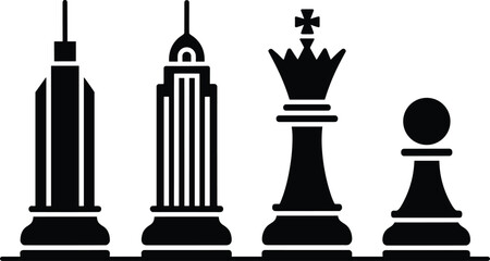 A conceptual vector icon of a city as a chess game, this illustration symbolizes corporate strategy, real estate power plays, and business competition