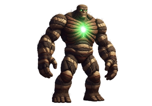 A formidable, earth-toned figure, adorned with intricate root-like textures, stands out against a stark black background, radiating a vibrant green light from its chest.