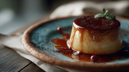A delectable flan dessert drizzled with rich caramel sauce garnished with mint and berries on a rustic plate