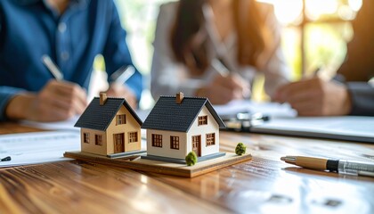 Real Estate agents closing a deal on new homes, signing contract at office table with miniature house models, promoting home buying, investment and property