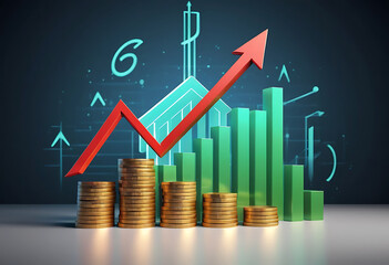 Financial growth and success represented by upward trending stock market chart and golden coins