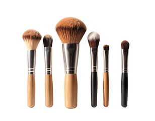 A collection of various makeup brushes, displayed against a black backdrop, showcasing diverse sizes and bristle textures.