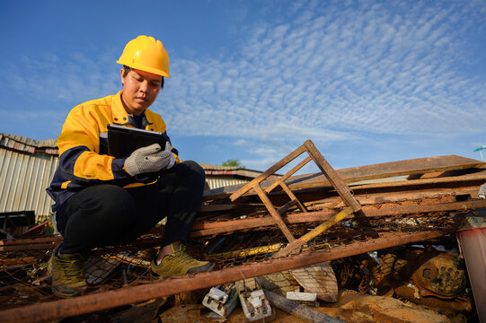 Asian worker in safety helmet using digital tablet to inspect scrap metal recycling process, industrial waste management, technology, sustainability.