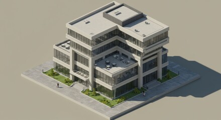 Isometric view of a modern building, glass and concrete design