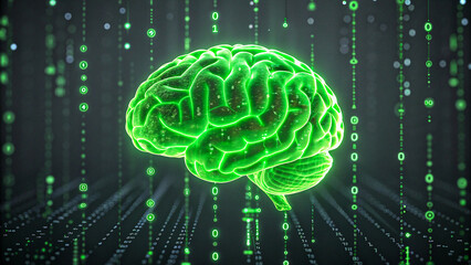 Glowing green digital brain with binary code background representing artificial intelligence and technology concept