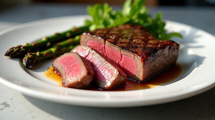 A plate with a rare-cooked steak, asparagus, and greens.