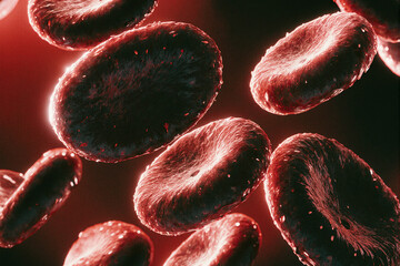 Close-up of human red blood cells in motion.