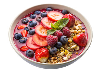 Colorful Acai Bowl with Mixed Berries Banana and Granola on White Background smoothie bowl isolated on a transparent background