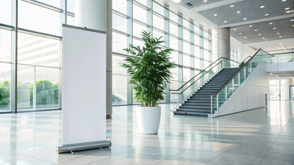 Obraz premium Blank Roll Up Banner Stand Mockup in Modern Office Hall