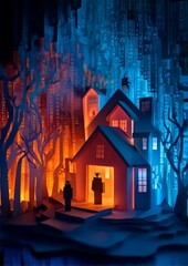 Surrounded by Abstract Firewall in Paper Art Stylizing a Mystical Forest Setting