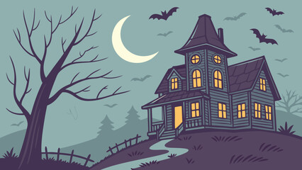 Haunted house on a hill under a crescent moon with bats flying in the dark night sky vector background