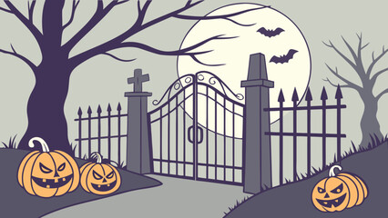 Spooky halloween scene with a gate, pumpkins, and bats flying in the full moon night sky vector background