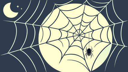 Spider web with a spider in front of a large full moon on a dark night sky vector background