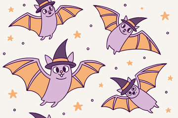 Seamless pattern of cute cartoon bats wearing witch hats flying vector background