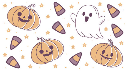 Halloween pattern with pumpkins, ghost, candy corn, and stars vector background