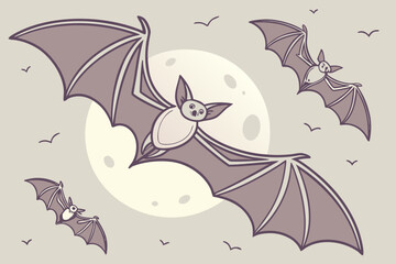 Bats flying in front of a full moon, spooky halloween night scene illustration vector background
