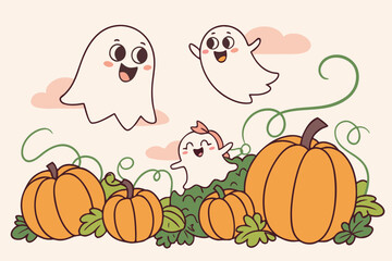 Cute cartoon ghosts and pumpkins, happy halloween illustration with clouds vector background