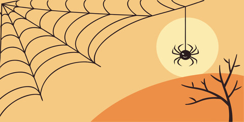 Halloween spider on a web with a full moon and bare tree branches in orange sky vector background