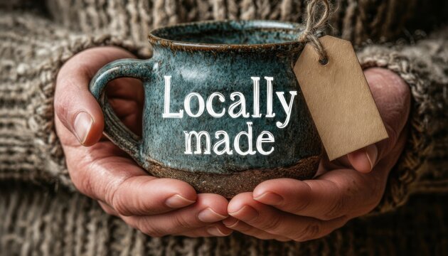 Cozy hands holding a locally made ceramic mug with a tag during the festive Christmas season celebrating warmth and community
