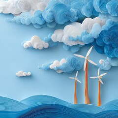 Pastel Art of Wind Turbines Under a Cloudy Sky with Artistic Swirls and Waves