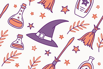 Halloween pattern with witch hat, broom, potion bottle, and stars, festive elements vector background