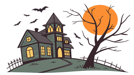 Haunted house on a hill with a full moon and bats flying, spooky halloween scene vector background