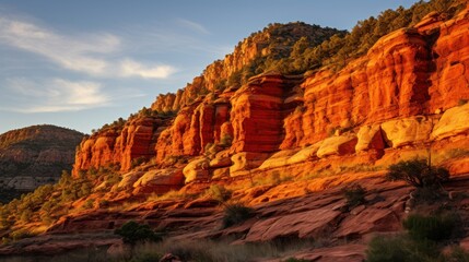 Fiery sandstone cliffs bathed in golden sunset light rock formations