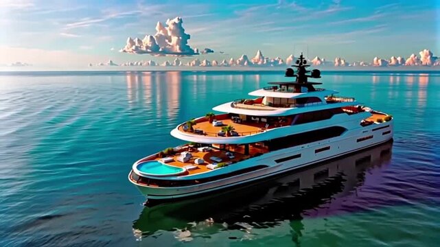 A luxurious yacht on calm water with a city skyline in the background. The yacht has a sleek design with a blue hull and a sun deck.