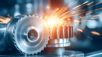 Metal gears meshing with sparks flying during industrial machining process