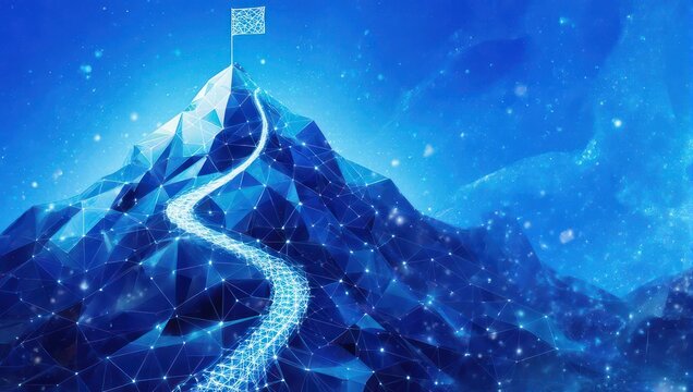 Ascend to achievement with this stunning digital mountain peak, illuminated by a glowing pathway to success, symbolizing ambition and reaching goals.
