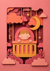 Illustration of a Child in a Cradle Surrounded by Clouds and Stars with Soft Colors