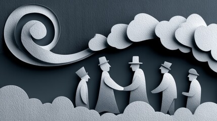 Paper Art of Business Executives Shaking Hands in Abstract Cloud Background