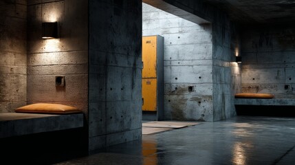 Industrial Concrete Locker Room Interior with Harsh Lighting and Minimalist Design