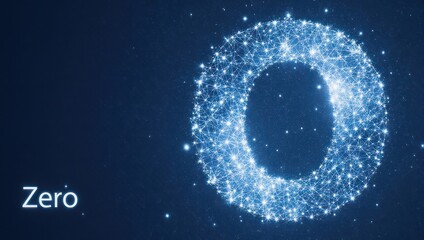 Stunning digital zero represented by glowing interconnected nodes against a dark starry cosmos, symbolizing new beginnings and infinite possibilities